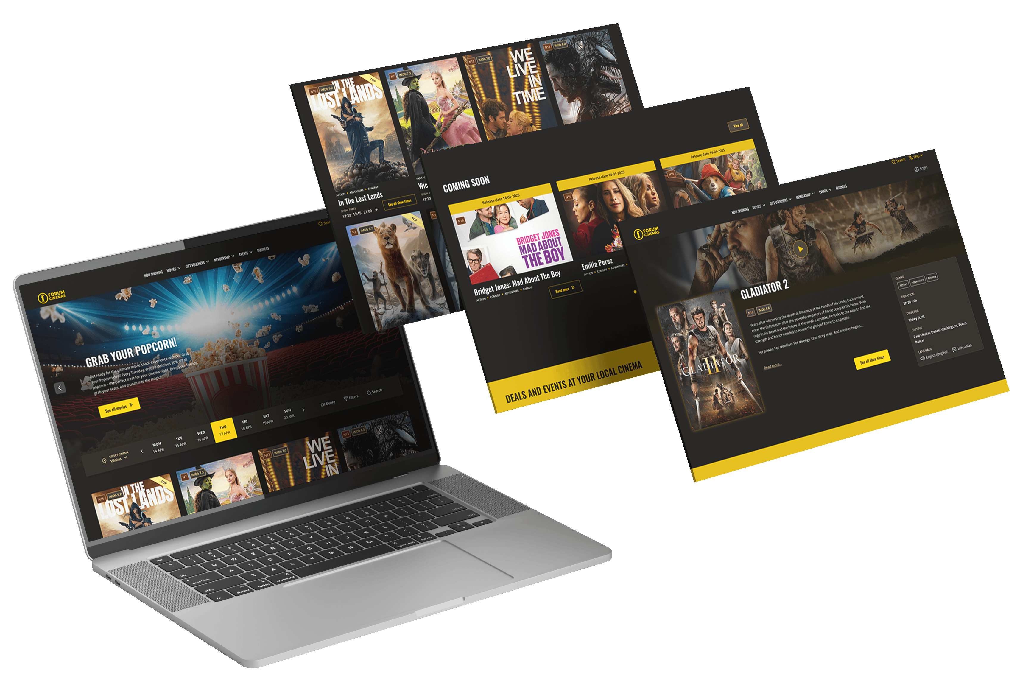 Cinema website redesign on laptop with floating tabs