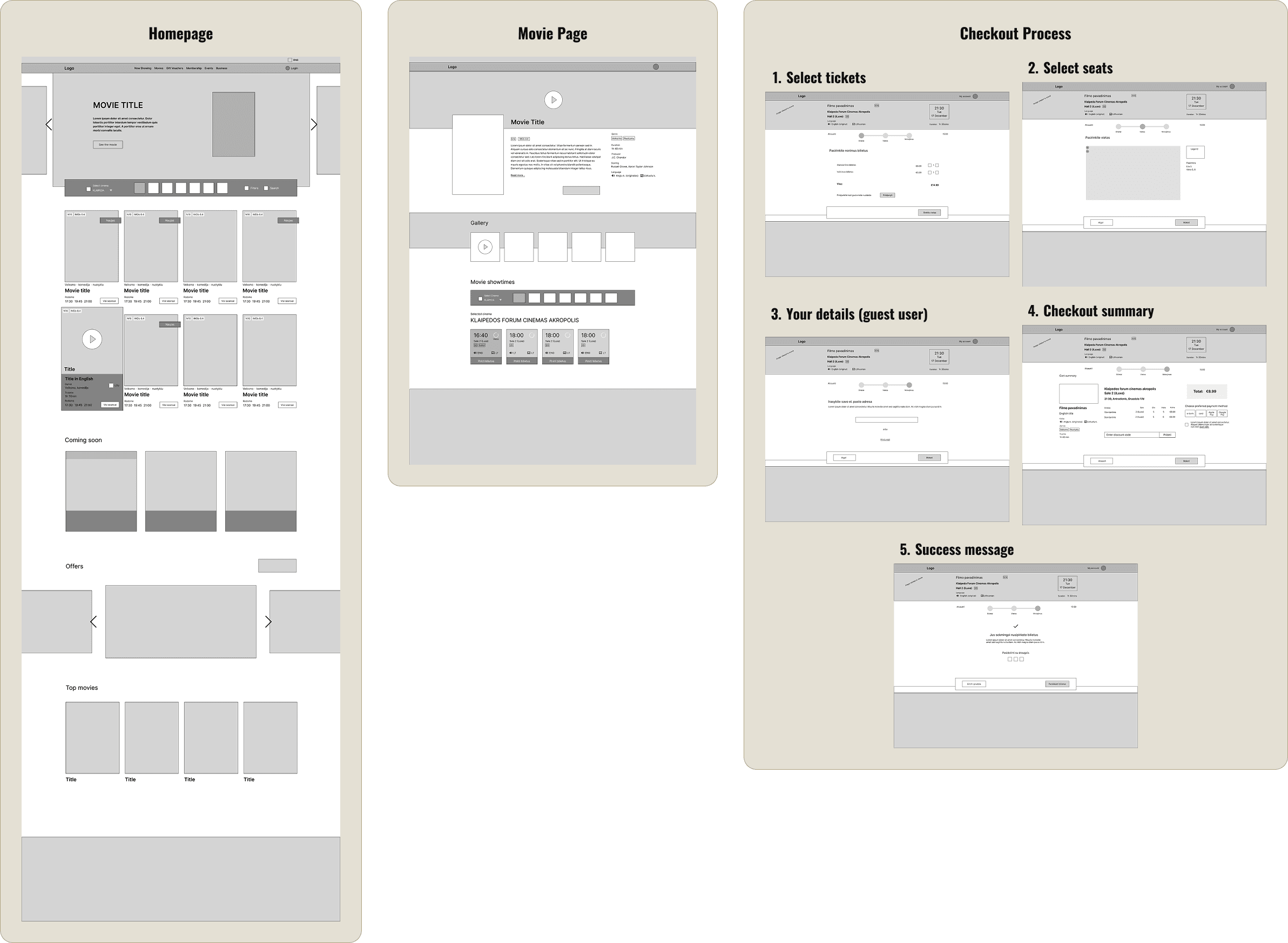 Low-fidelity wireframes for homepage, movie page and checkout process