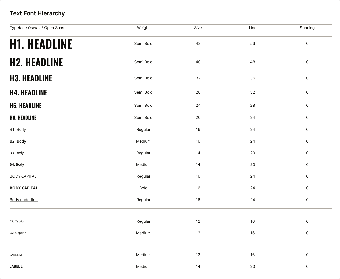 Typography system showing font families and sizes